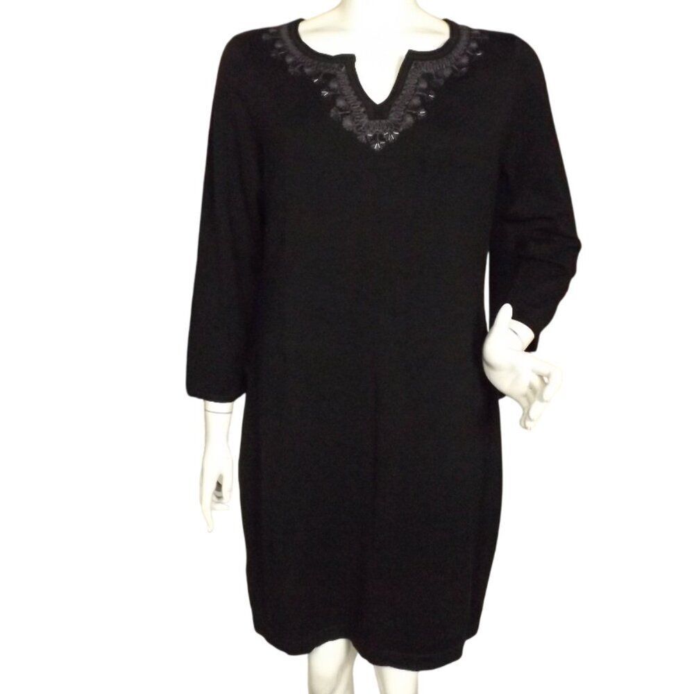 new TOMMY BAHAMA Knit Dress, M, Pickford, Black Embroidered/Beaded, 3/4 sleeve